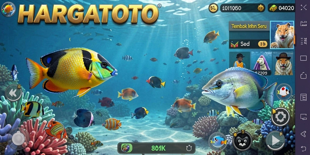Tampilan gameplay HARGATOTO saat menembak ikan di lautan.