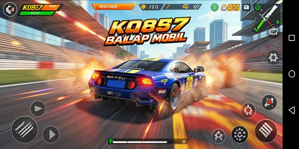 Screenshot gameplay KO857 menampilkan mobil balap beraksi di trek yang menantang.
